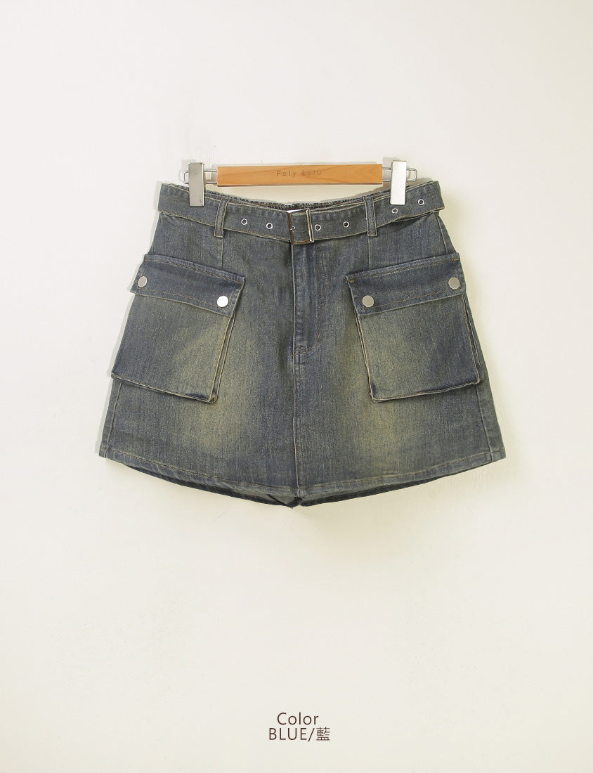 MUA! Washed Denim Plus Size Utility Skort with Belt