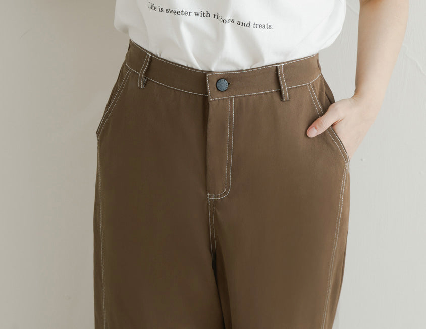 Color-Block Stitched Twill Cotton Straight-Leg Plus Size Pants