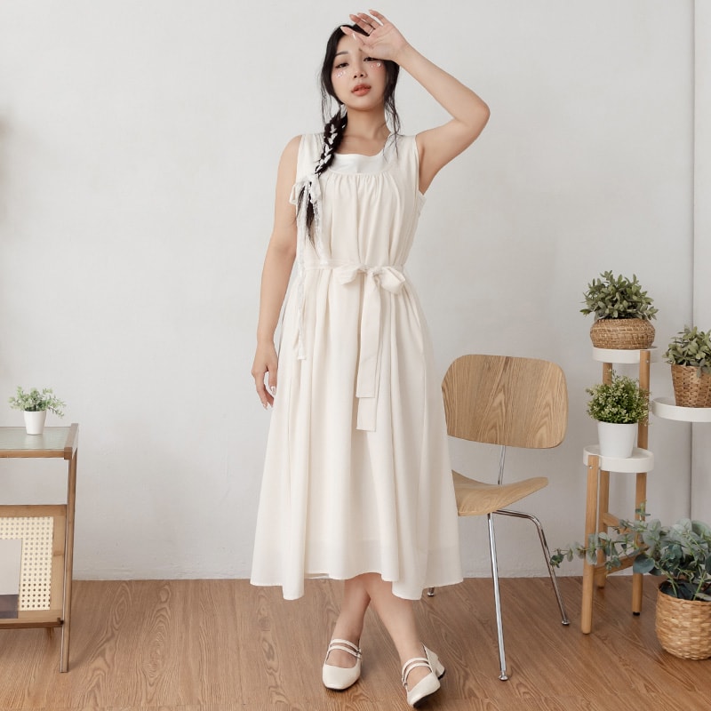 Two-Piece Ruched Vest Plus Size Dress (with Waist-Tie)