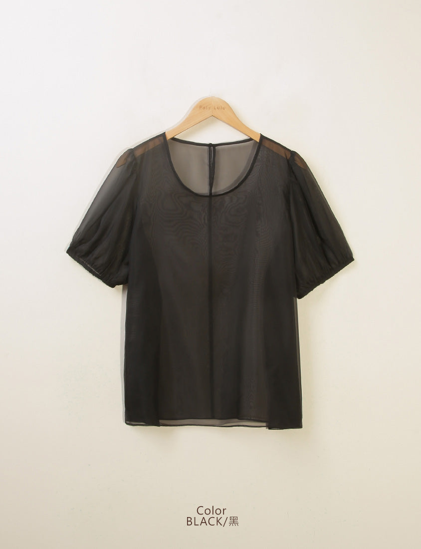 MISS. Sheer Textured Round Neck Puff-Sleeve Plus Size Blouse