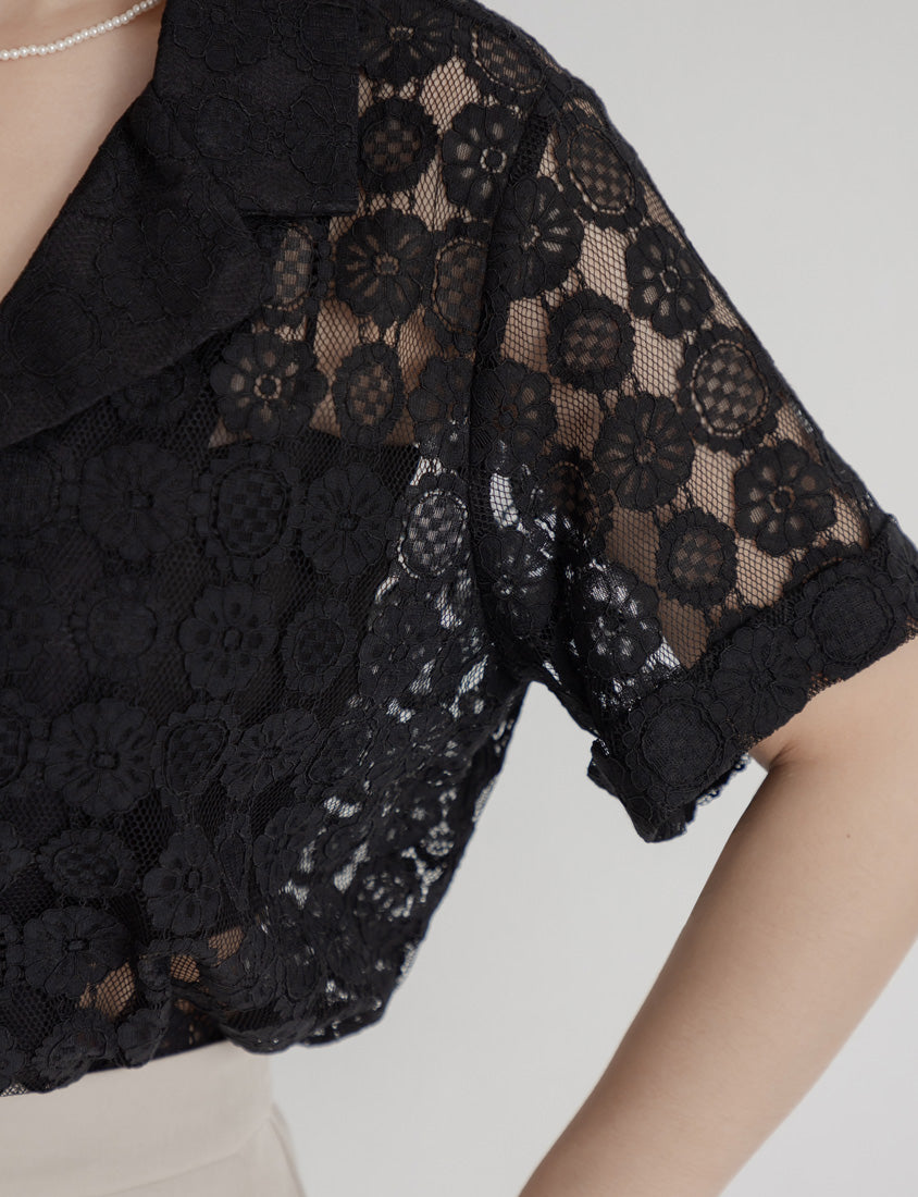 MISS. Cuban Collar Lace Eyelet Plus Size Shirt