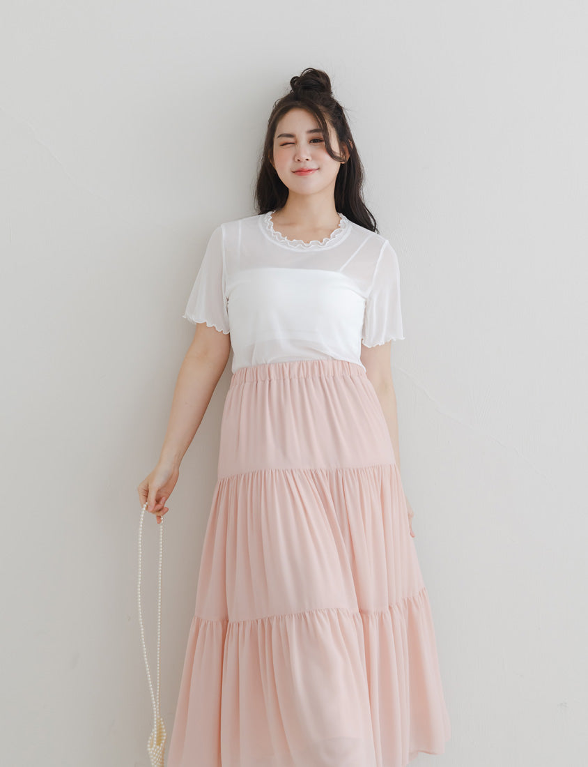 Double Layered Ruffle Sheer Stretch Plus Size Top
