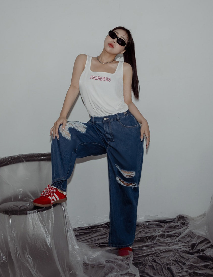MUA! Lyocell Distressed Plus Size Wide Leg Jeans