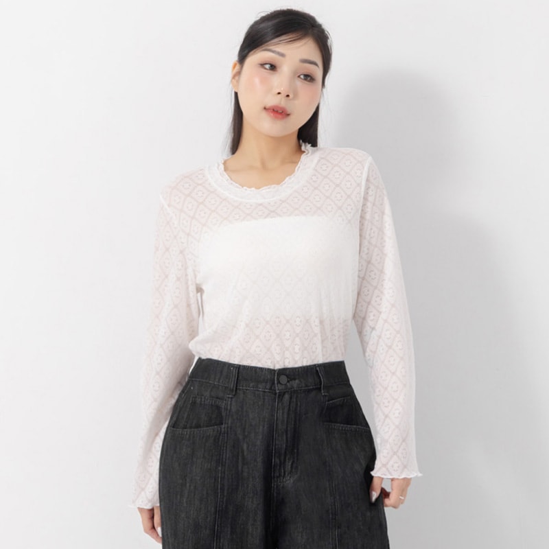 Double-Collar Diamond Lace with Lettuce Edge Plus Size Sheer Top