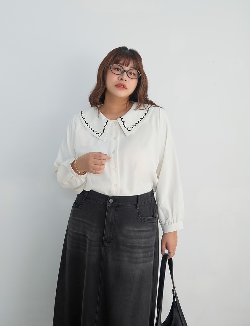 Contrast Embroidered Oversized Collar Plus Size Long Sleeve Shirt
