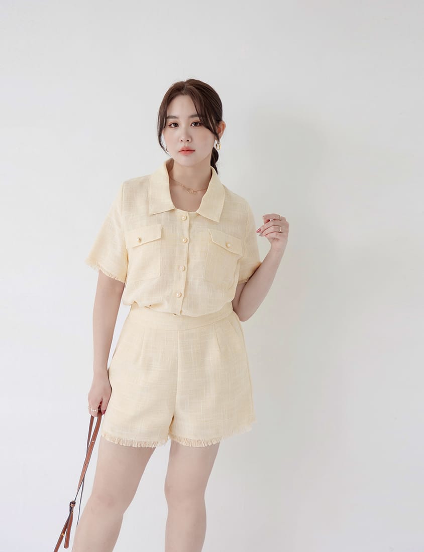MISS. Tweed Fringe Trim Pearl Button Plus Size Blouse