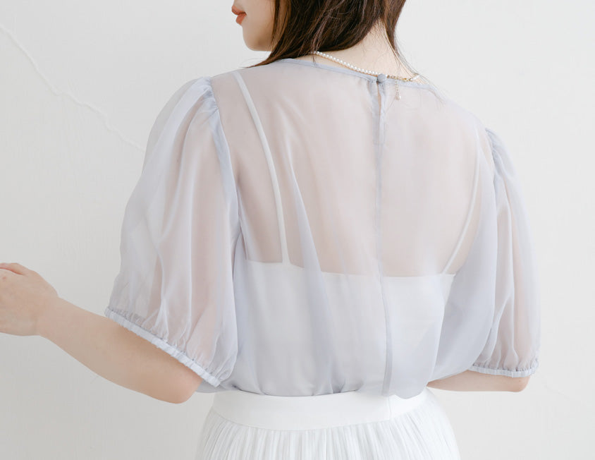 MISS. Sheer Textured Round Neck Puff-Sleeve Plus Size Blouse