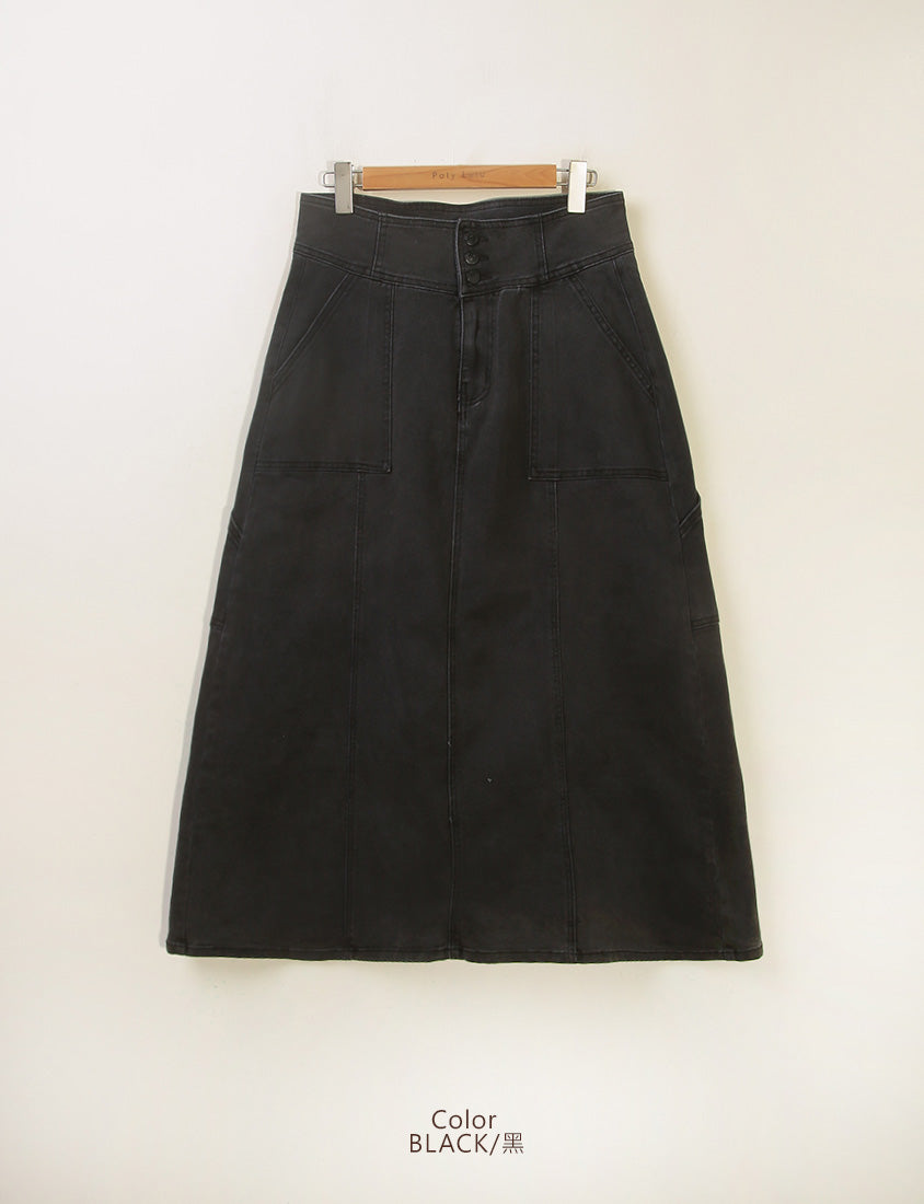 MUA! Ultra-Stretch Back Slit High-Waist Washed Denim Plus Size Maxi Skirt
