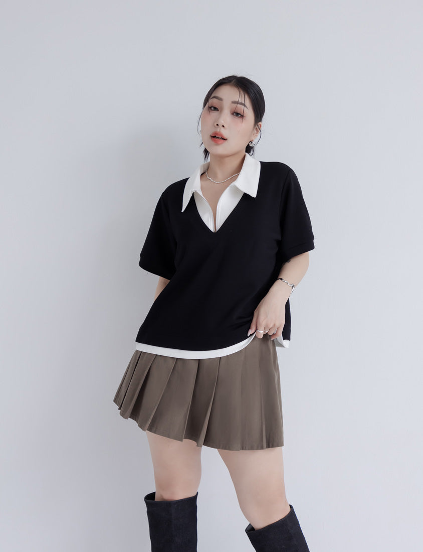 MUA! Space Cotton Color-Block Zipper Faux Two-Piece Plus Size Top