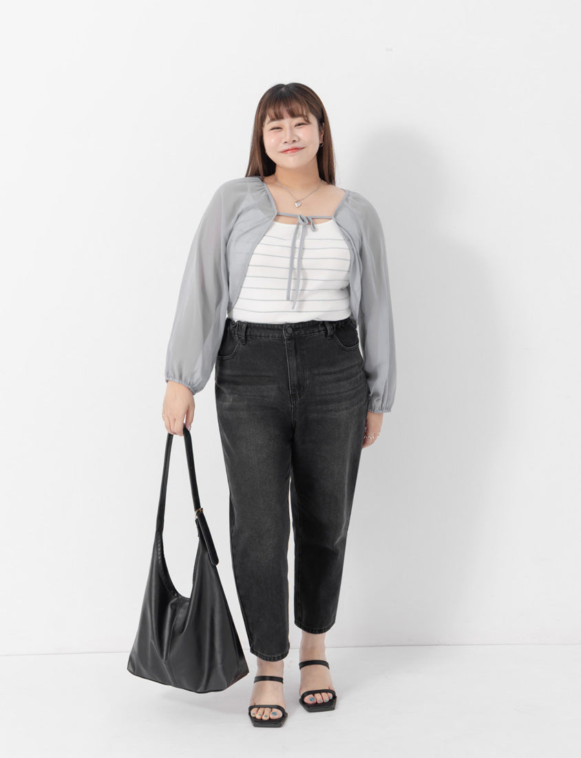 Japanese Style Puff Sleeve Tie Sheer Cropped Plus Size Cover-Up