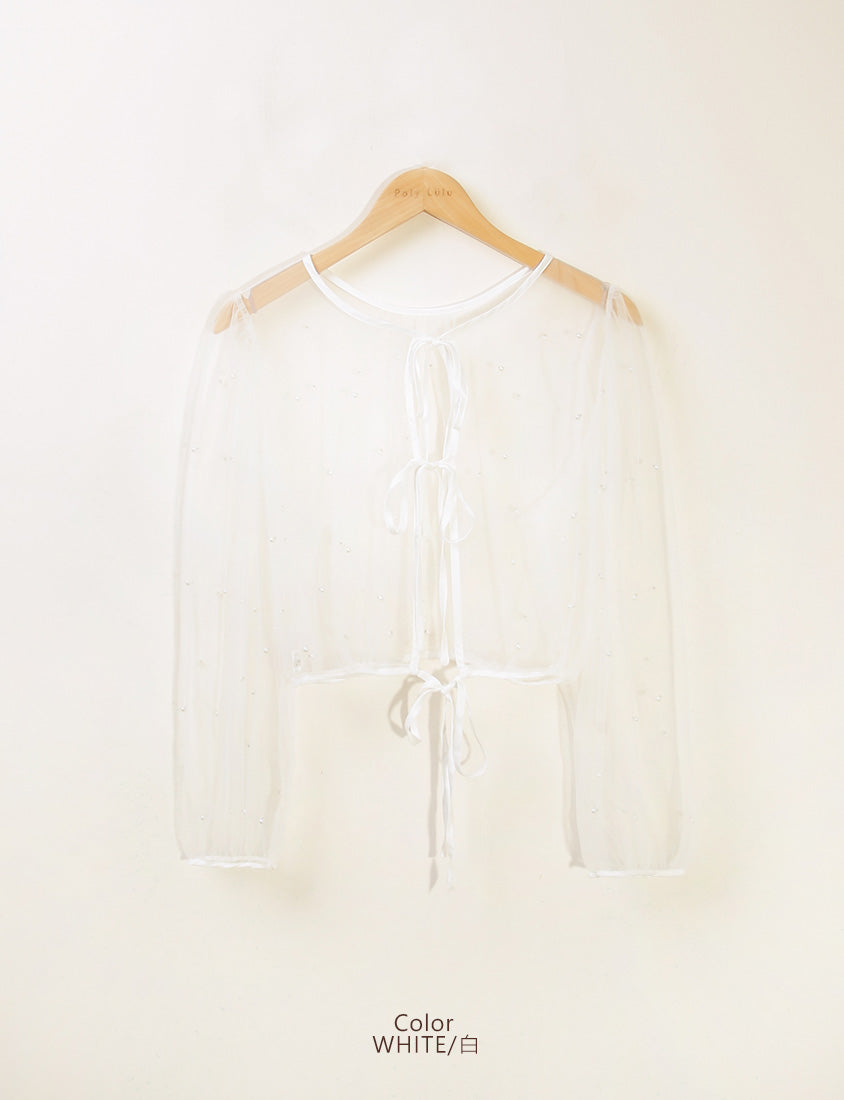 MISS. Romantic Sheer Pearl-Embellished Tie Plus Size Blouse