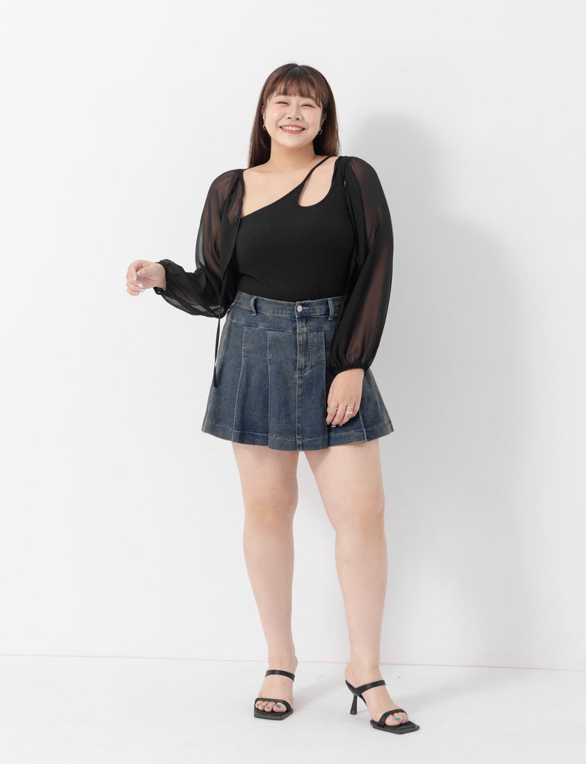 Japanese Style Puff Sleeve Tie Sheer Cropped Plus Size Cover-Up