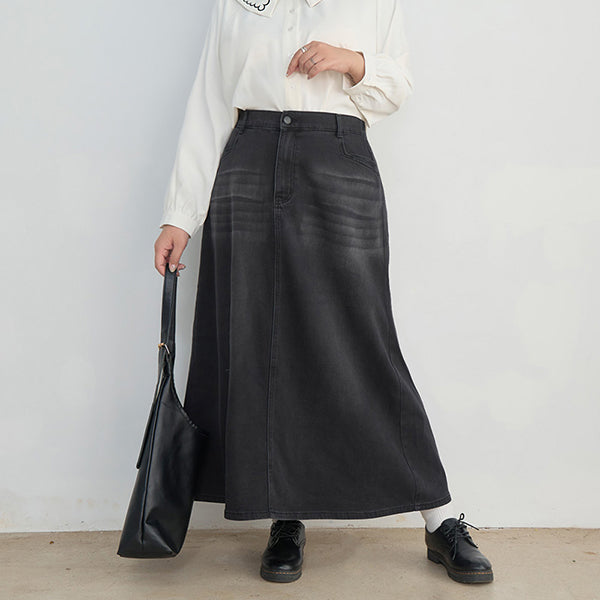 Apple-Shaped Friendly! Perfect Fit Back Slit Plus Size Denim Maxi Skirt