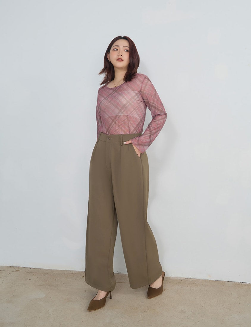 MISS. Vintage Sheer Checkered Plus Size Long Sleeve Top