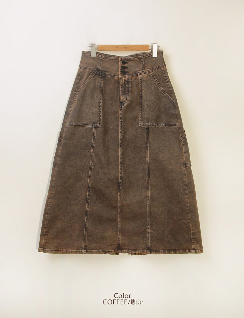 MUA! Ultra-Stretch Back Slit High-Waist Washed Denim Plus Size Maxi Skirt