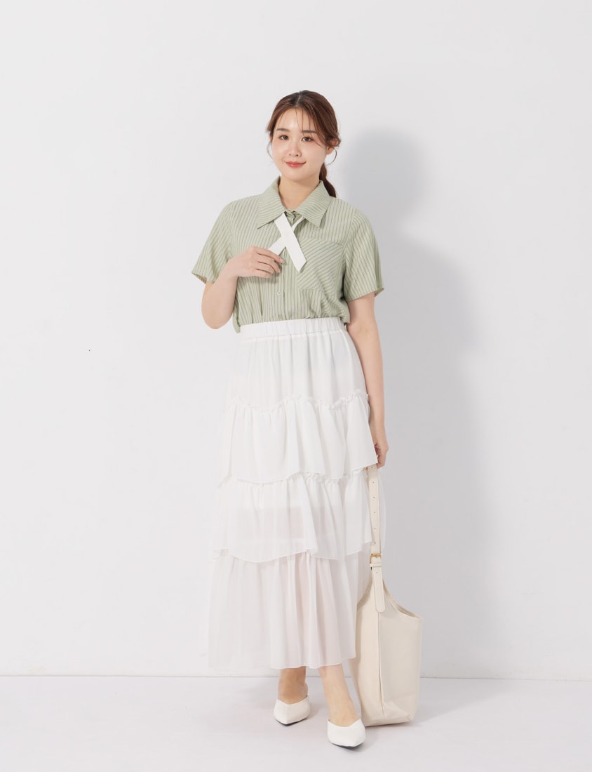 MISS. Preppy Contrast Stripe Plus Size Short Sleeve Shirt (With Neck Tie)