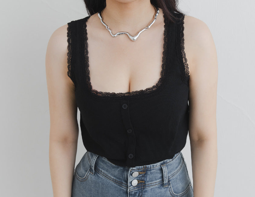 MUA! Lace Square Neck Faux Button Plus Size Sleeveless Top