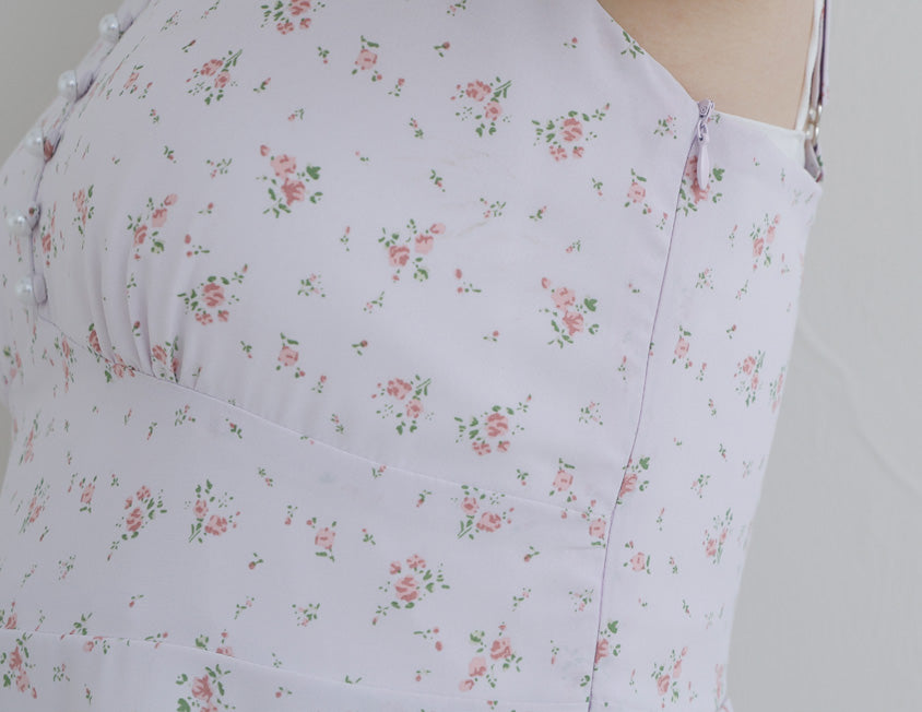 Adjustable Pearl Button Floral Plus-Size Mini Dress