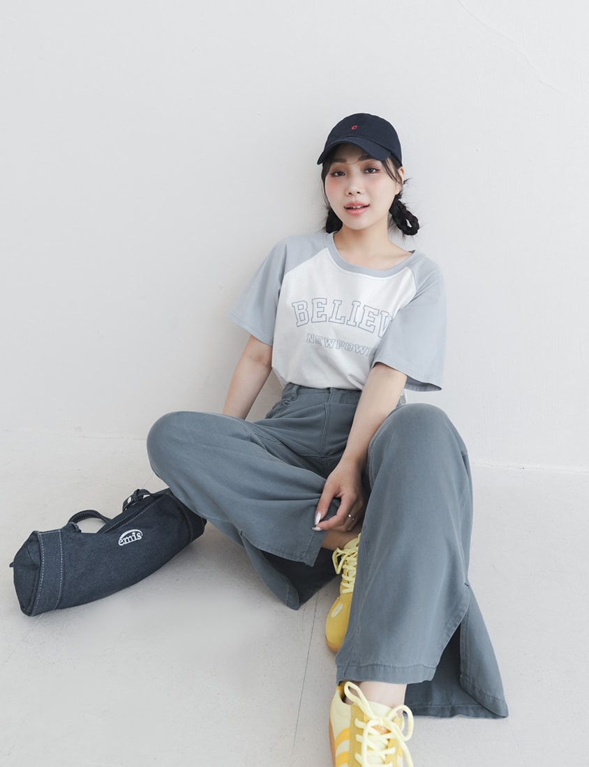 Lyocell Cooling Contrast Stitch Slit Plus Size Wide-Leg Pants