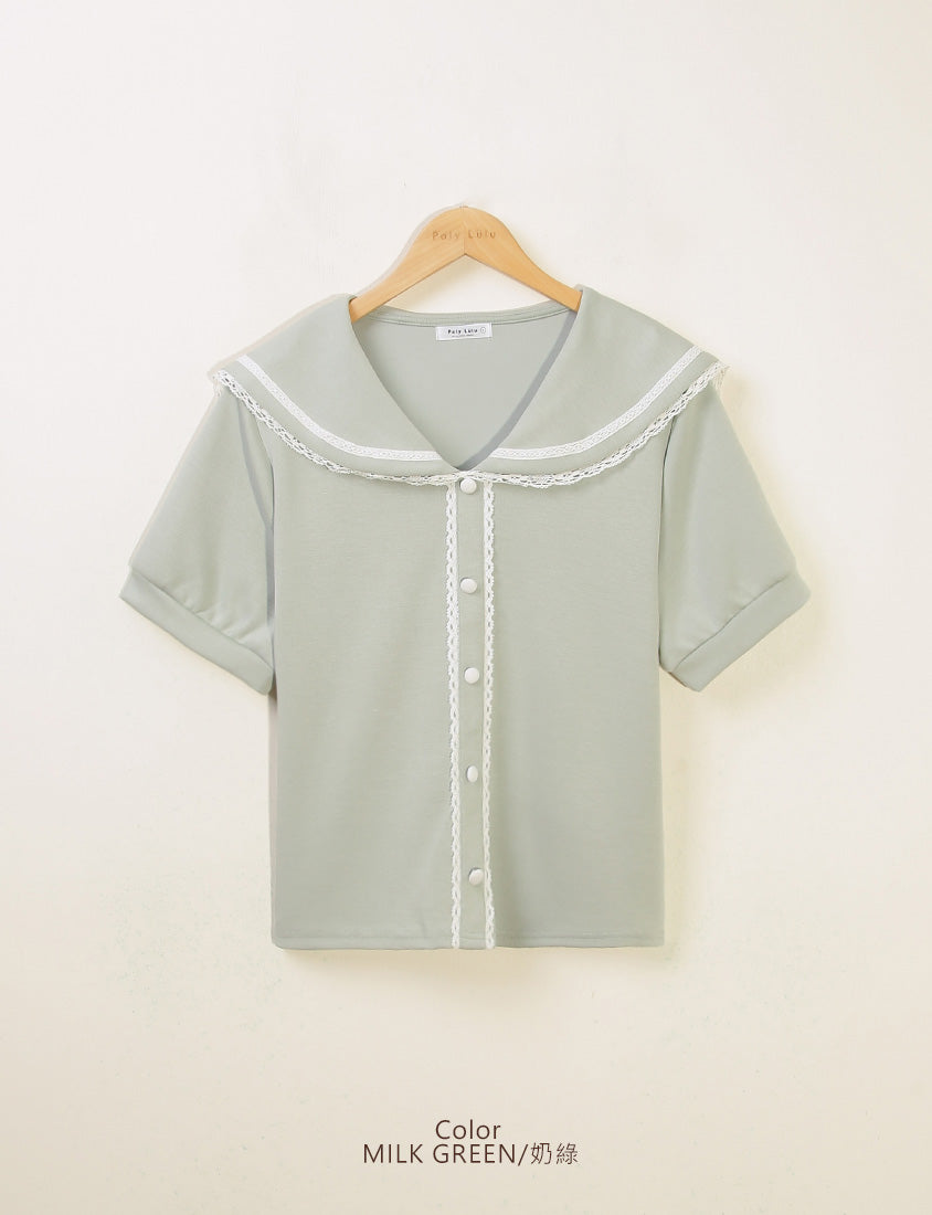 Space Cotton Sailor Collar Plus Size Lace Top
