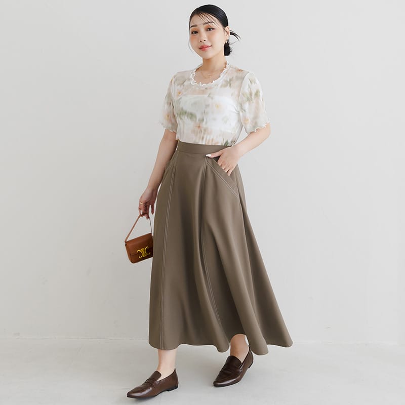 MISS. Contrast Stitch A-Line Back Elastic Waist Plus Size Maxi Skirt