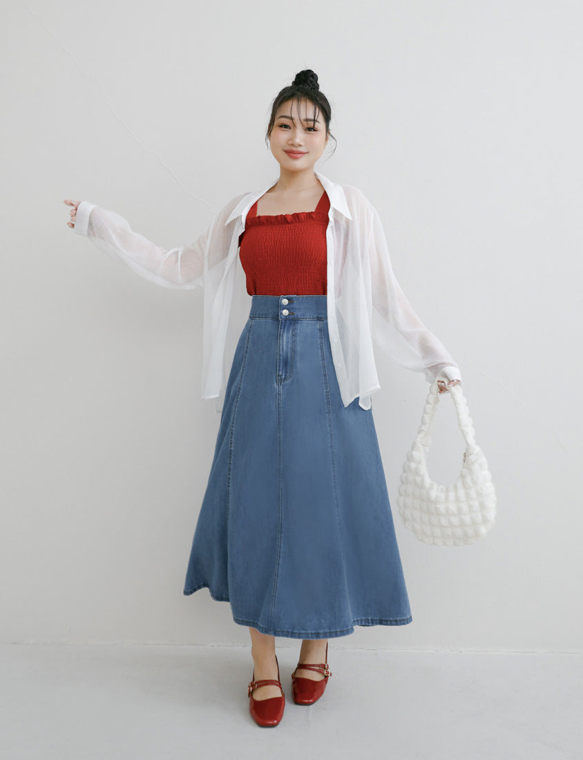 Lyocell Silky Denim Elastic Back Flare Plus Size Maxi Skirt