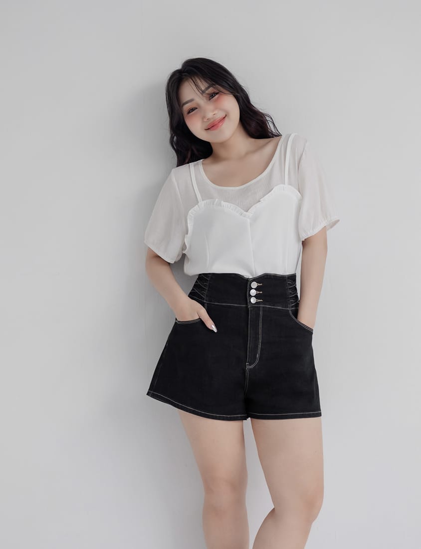 Cross Waist Tummy Flattering Plus Size Denim Shorts