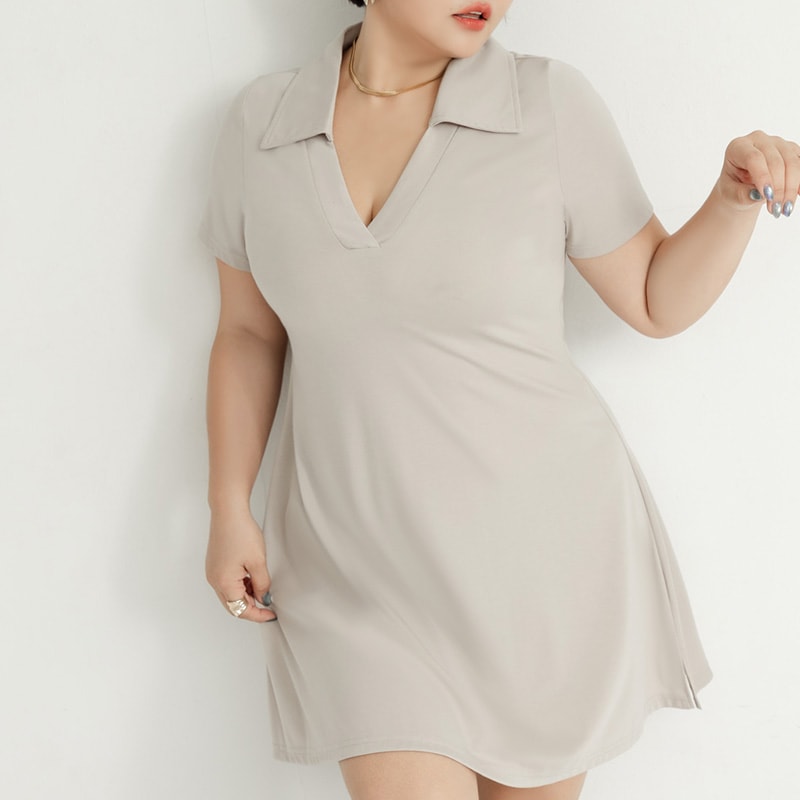 MUA! Chic Notched Collar Twill Plus Size Short Sleeve Dress