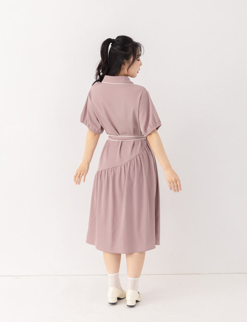 Color-Trimmed Plus Size Puff Sleeve Maxi Dress (With Waist Tie)