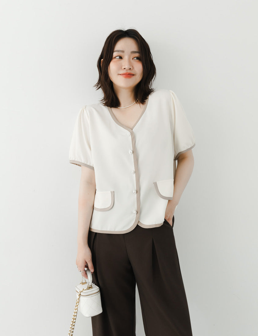 MISS. Elegant Contrast Trim Pearl Button Plus Size Top