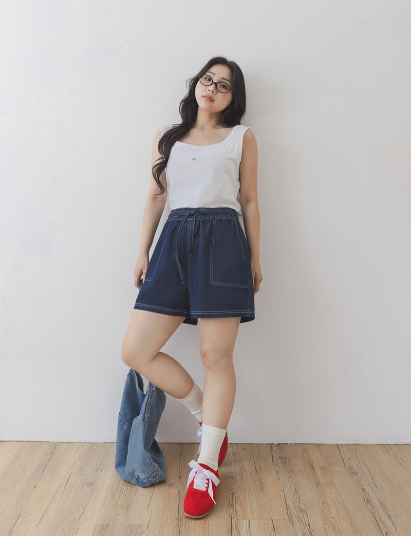 Skin-Friendly Lyocell Silky Denim Contrast Stitch Plus Size Shorts