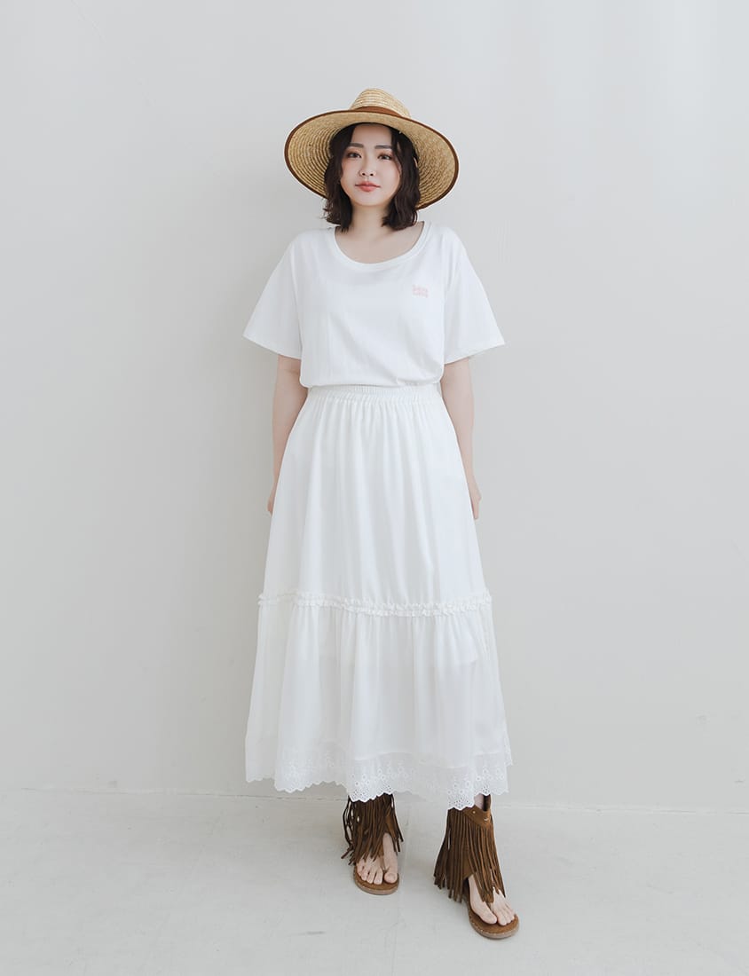Korean Style Flowy Lace Trim Tiered Plus Size Maxi Skirt