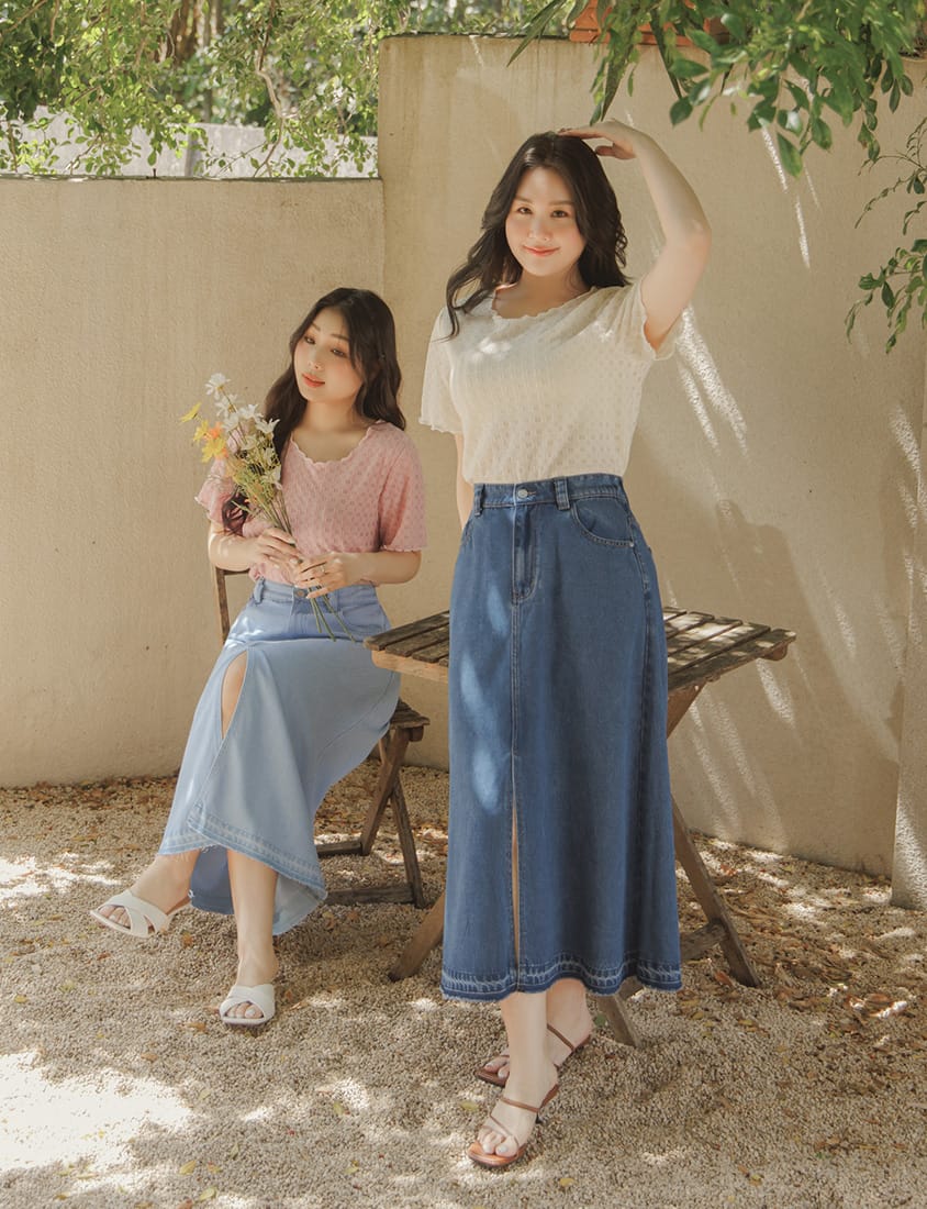 Lyocell Cooling Slit Plus Size Denim Maxi Skirt