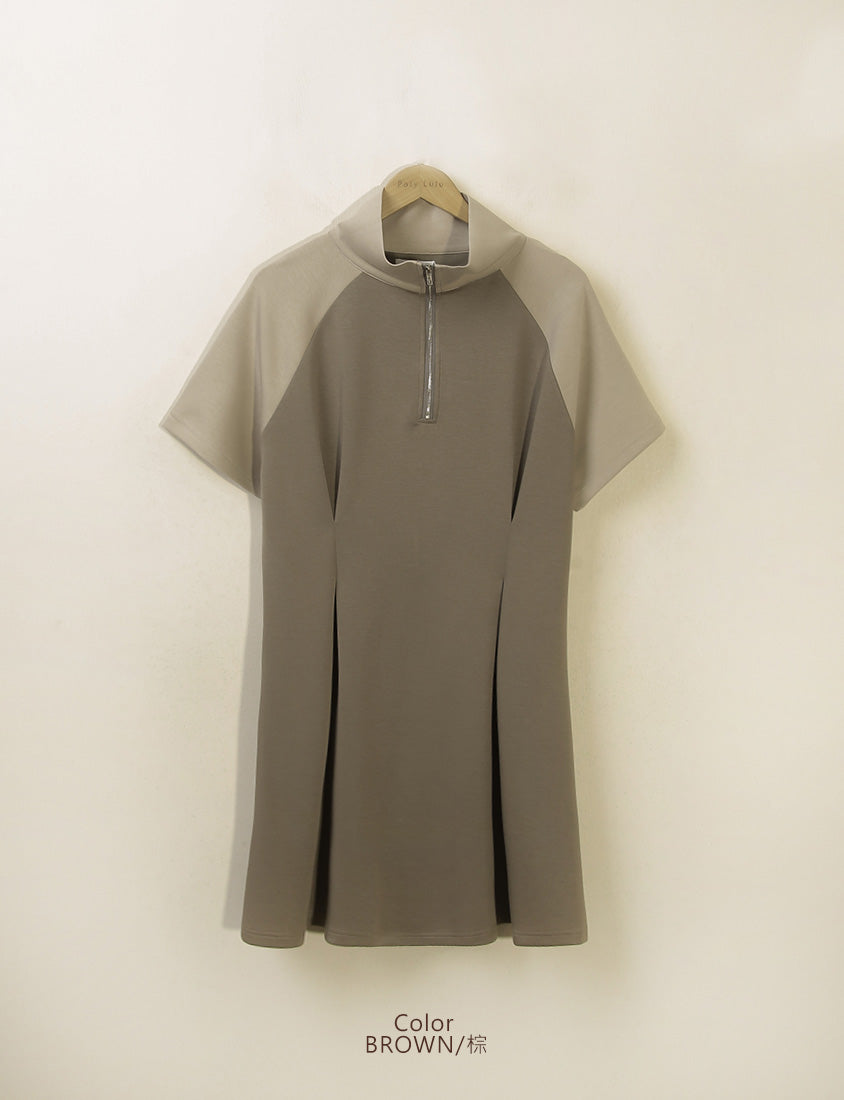 MUA! Space Cotton Color-Block Stand Collar Plus Size Short Sleeve Mini Dress