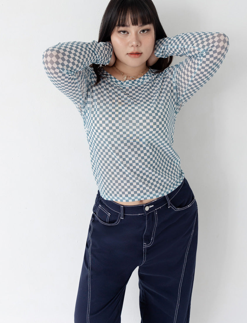 MUA! Sexy Checkered Mesh Long Sleeve Plus Size Top