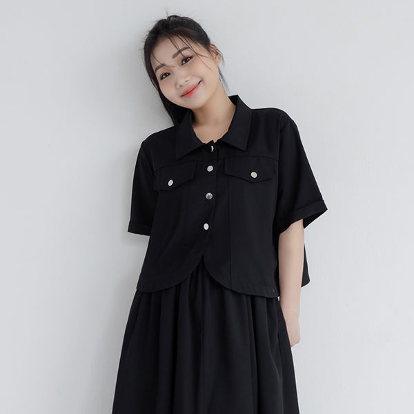 Curved Hem Stitched Plus Size Cuffed Shirt