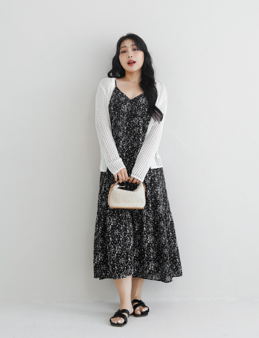 Ruched Floral Flared Hem Plus Size Cami Strap Dress