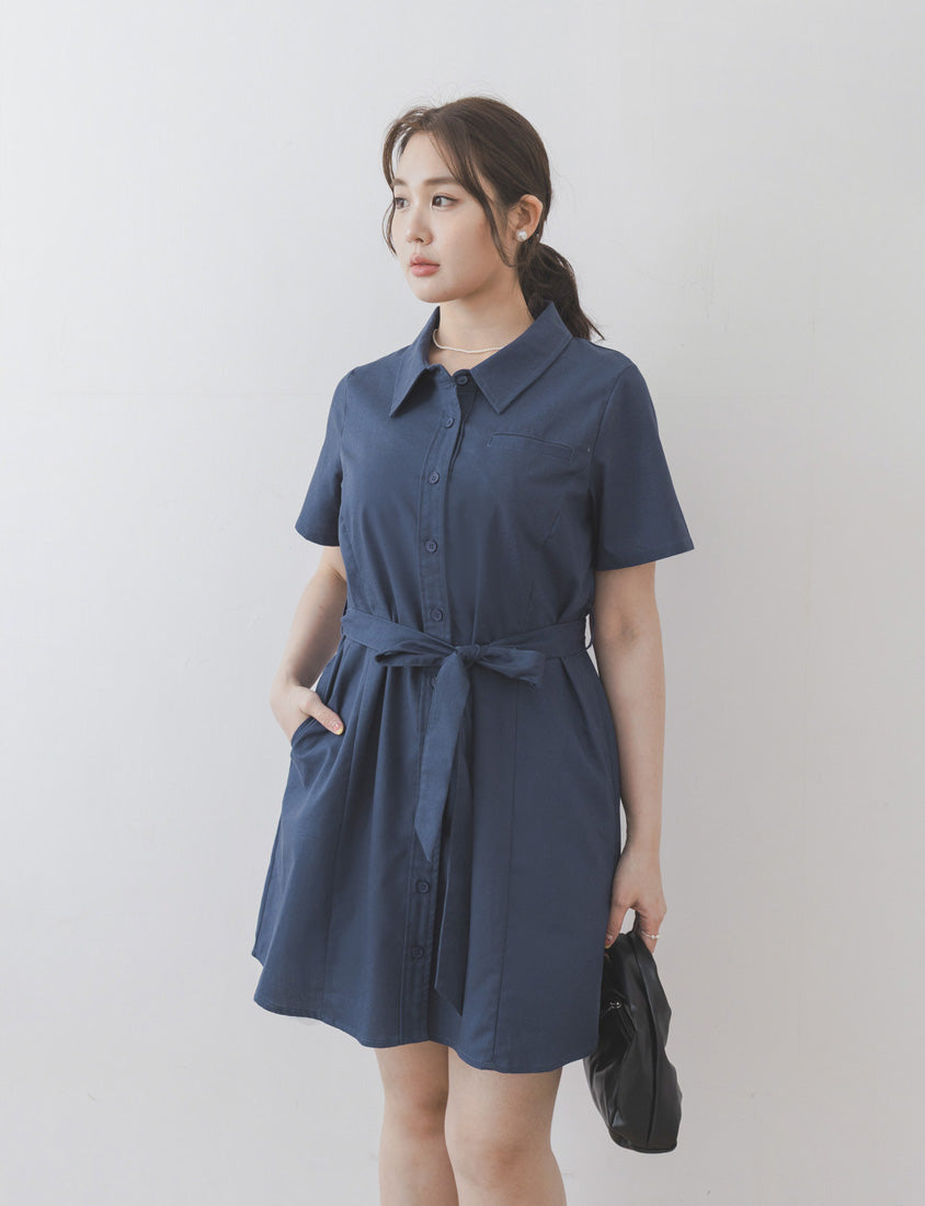 MISS. Korean-Style Button-Front Contrast Stitch Plus Size Dress (with Waist Tie)
