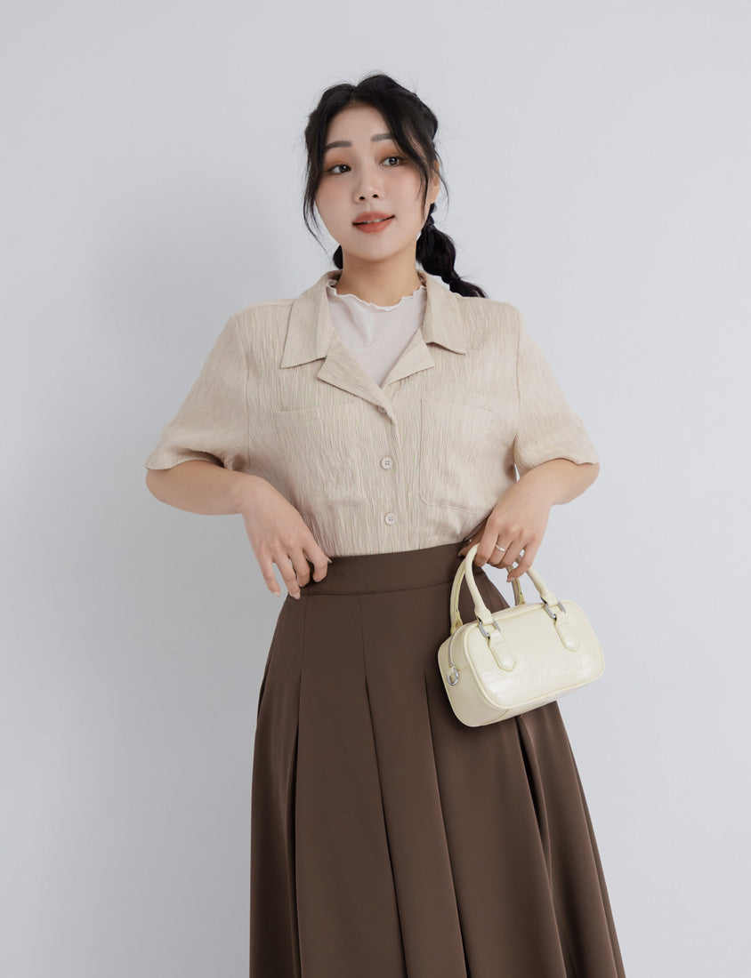 Cuban Collar Crinkled Texture Large Pocket Plus Size Shirt
