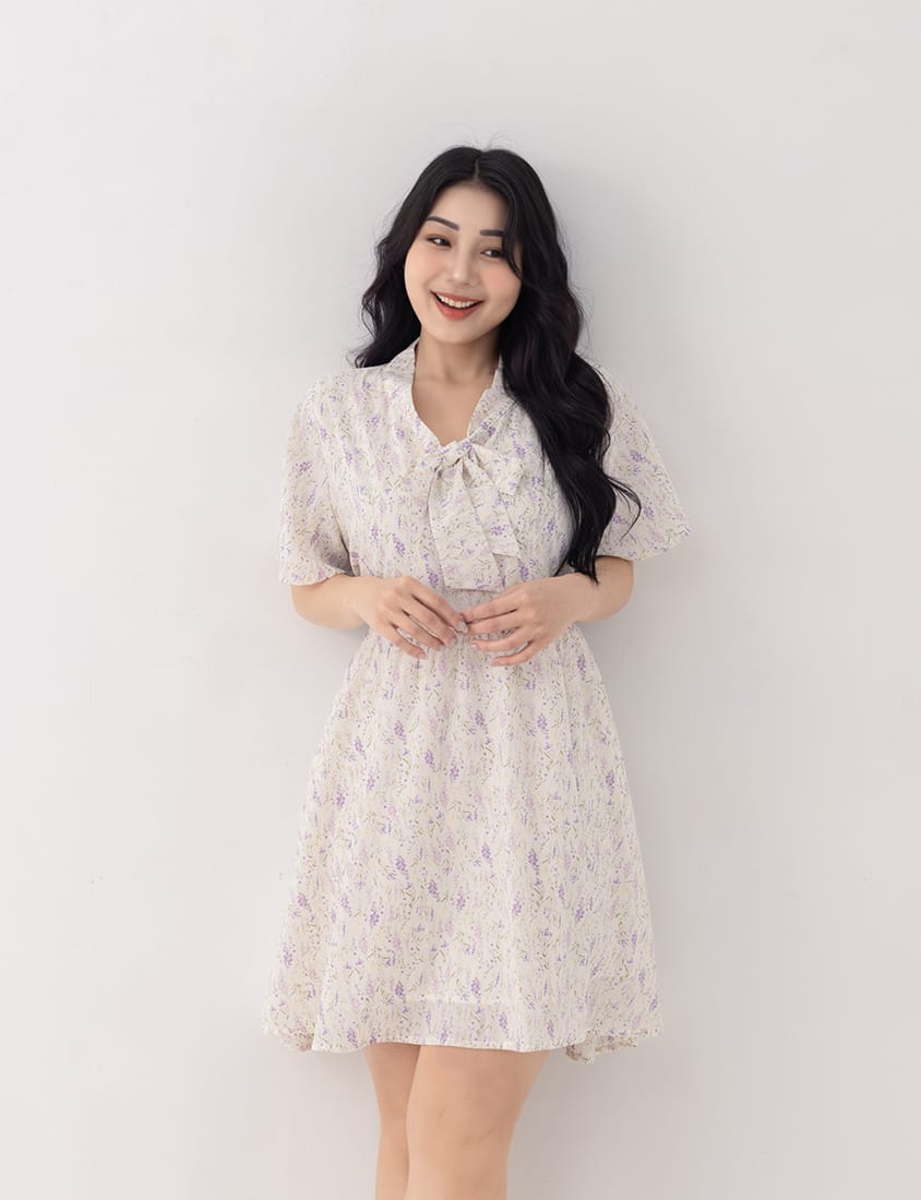 Gentle Lavender Tie-Waist Plus Size Flare Dress