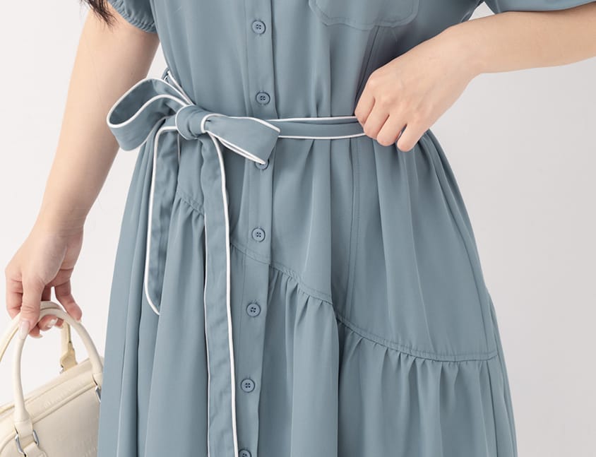 Color-Trimmed Plus Size Puff Sleeve Maxi Dress (With Waist Tie)