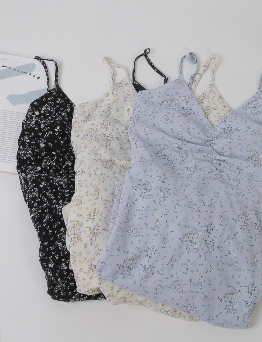 Ruched Floral Flared Hem Plus Size Cami Strap Dress