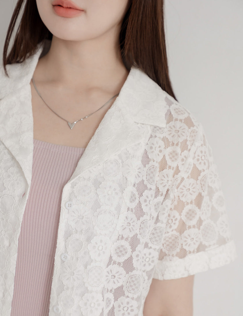 MISS. Cuban Collar Lace Eyelet Plus Size Shirt