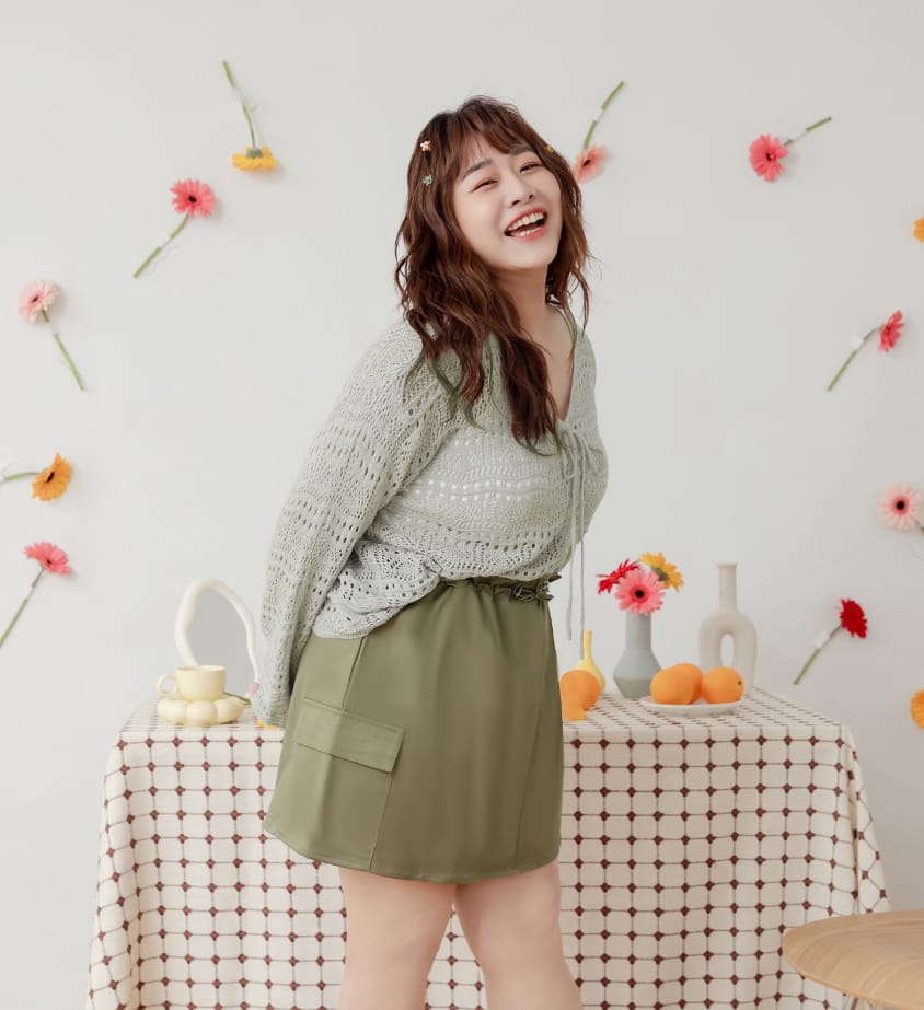 Sweet & Edgy Drawstring Cargo Plus Size Mini Skirt (With Inner Shorts)