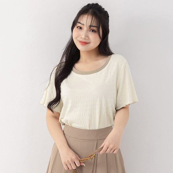 Multicolor Crew Neck Color-Block Crinkled Plus Size Short Sleeve Top