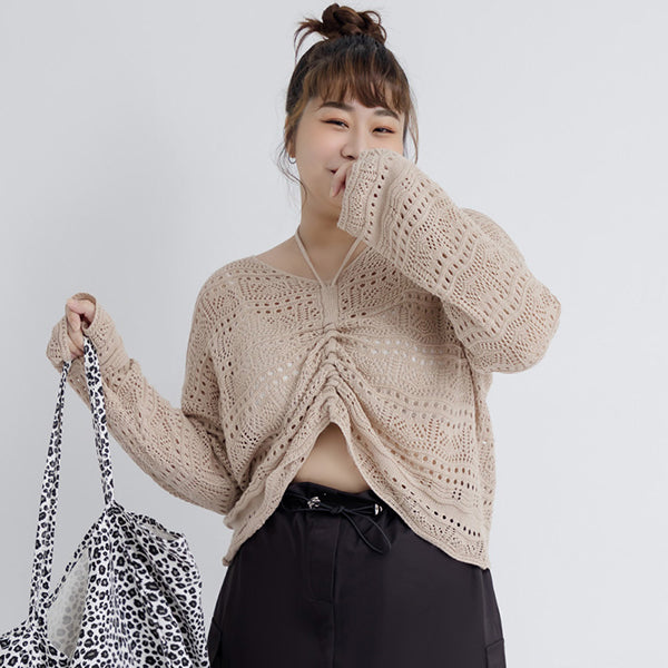 Two-Way Front-Tie Drawstring Plus Size Knit Top