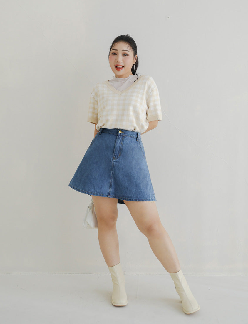 Plaid V-Neck Knit Plus Size Short Sleeve Top