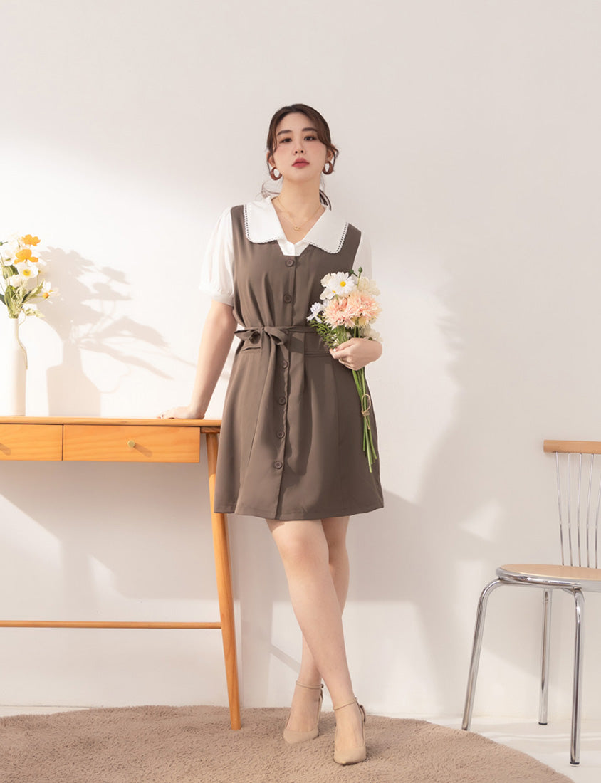 MISS. Elegant Lace Collar Plus Size Puff Sleeve Dress (With Waist Tie)