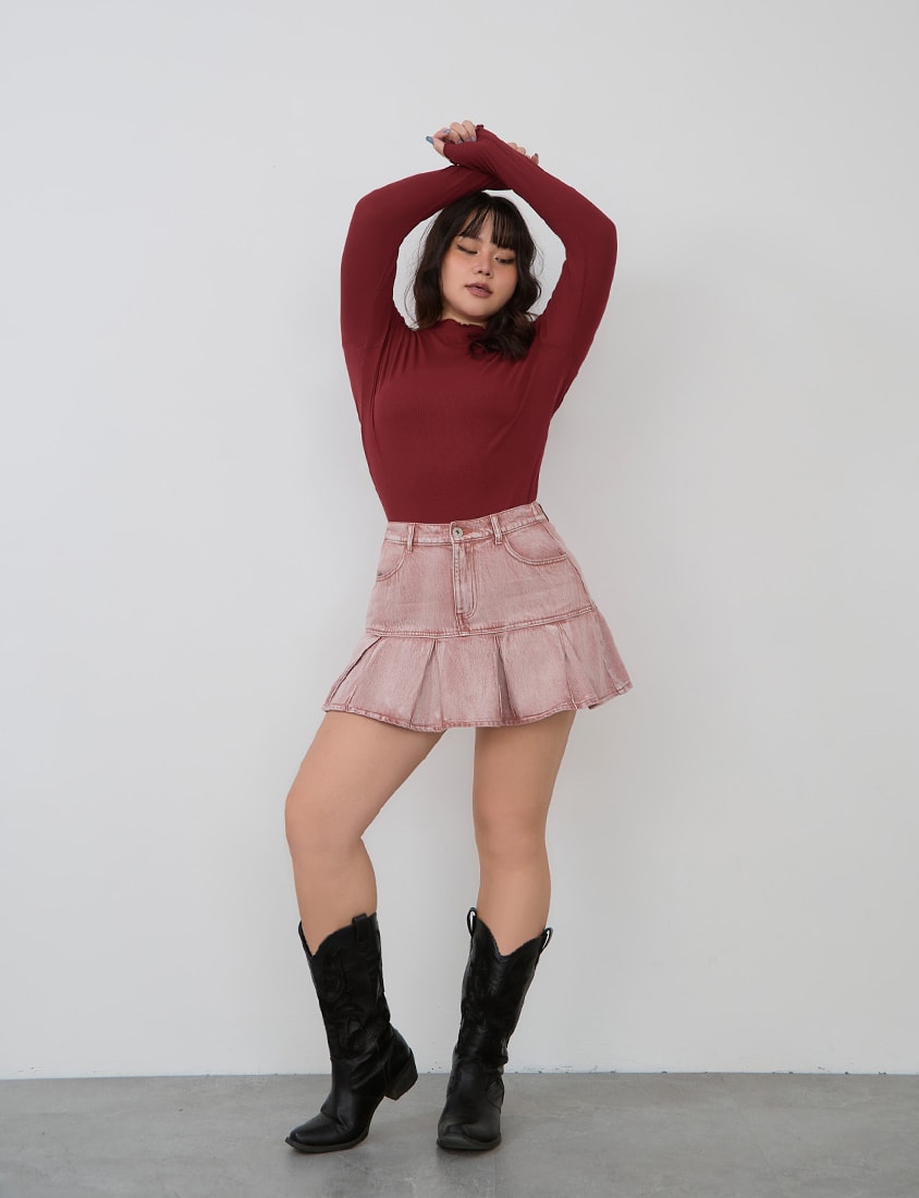 Vintage Washed Pleated Plus Size Denim Skort (With Pants)