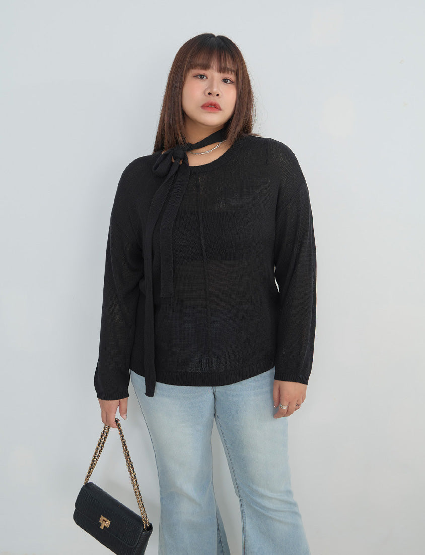 MISS. Korean Sheer Knit Plus Size Long Sleeve Top (with Waist Tie)